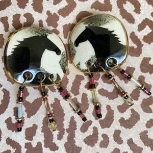 VTG ARTISAN Enamel Horse Clip Earrings